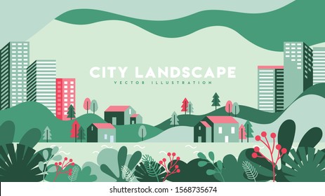 Vector illustration in simple minimal geometric flat style - city landscape with buildings, hills and trees - abstract background for header images for websites, banners, covers