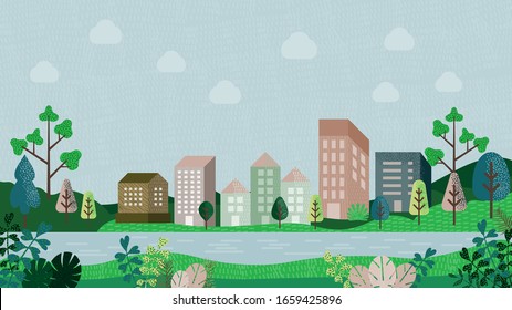 Vector illustration in simple minimal geometric flat style - city landscape with buildings, hills and trees - abstract horizontal banner and background- header images for web
