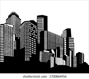 Vector illustration in simple minimal geometric flat style - city landscape with buildings. Isolated on white background