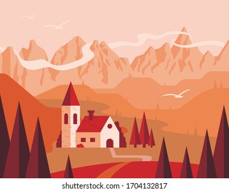 Vector illustration in simple minimal geometric flat style with country house, tower, monastery in the mountains among fir trees
