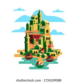 Ilustración vectorial en un simple diseño plano de estilo geométrico - paisaje de ciudad con edificios, colinas y árboles, vista del paisaje para verano/primavera/otoño.