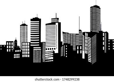 Vector illustration in simple minimal geometric flat style - city landscape with buildings. Isolated on white background