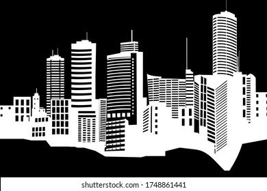 Vector illustration in simple minimal geometric flat style - city landscape with buildings. Isolated on black background