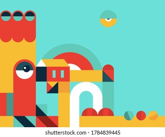 Vector Illustration In Simple Minimal Geometric Flat Style, Abstract Geometric Forms, Alien City, Illustration Isolated On Blue Background, Design For Corporate Identity With Color Geometric Elements