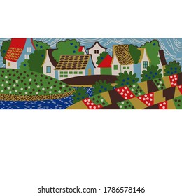 Vector illustration in simple minimal geometric flat style-village landscape.Cartoon panorama of spring summer beautiful nature,houses on green  meadow with flower,forest,blue sky for poster,banner