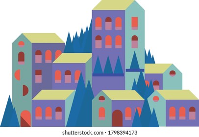 Ilustración vectorial en un sencillo estilo plano geométrico mínimo. Paisaje urbano con edificios, colinas y árboles, aislados en segundo plano.