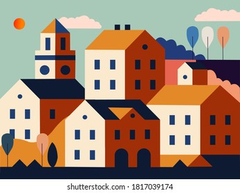 Ilustración vectorial en un estilo plano geométrico simple - paisaje urbano con edificios, colinas y árboles