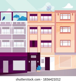 Vector illustration in Simple Minimal Geometric Flat Style. Beautiful City Landscape with Buildings and Trees, Bird. Cute Exterior Concept.