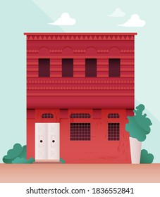 Vector illustration in Simple Minimal Geometric Flat Style. Beautiful City Landscape with Buildings and Trees, Bushes. Cute Exterior Concept.