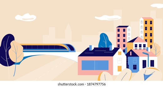 Vector illustration in simple minimal geometric flat style - city landscape with buildings, trees, bridge and train - abstract horizontal banner and background 