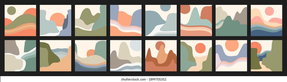 Vector illustration in simple minimal geometric flat style. Trendy minimalist abstract landscape illustrations. Set of hand drawn contemporary artistic posters. Hills, clouds, sun. Pastel colours
