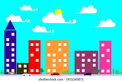 Vector illustration in simple minimal geometric flat style - cityscape with buildings, clouds, cars and trees - abstract background for header images for websites, banners, covers