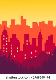 Vector illustration in simple minimal geometric flat style - city landscape with buildings, hills and trees - abstract horizontal banner stock illustration