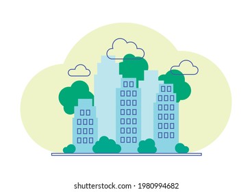 Vector illustration in simple minimal geometric flat style - city landscape with buildings, hills and trees - abstract horizontal banner and background. Urban landscape for web.