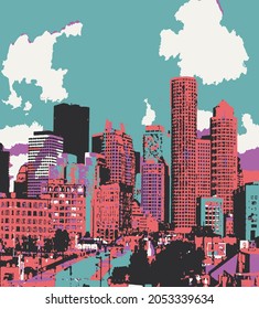 Vector illustration in simple minimal geometric flat style - city landscape with buildings, hills and trees - abstract horizontal banner and background with copy space for text - header images for web
