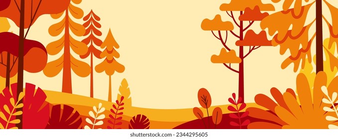 Vector illustration in simple minimal geometric flat style - autumn city landscape with buildings, hills and trees - abstract horizontal banner and background with copy space for text - header images 