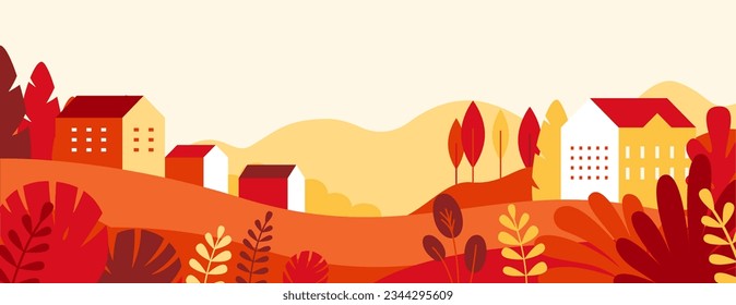 Vector illustration in simple minimal geometric flat style - autumn city landscape with buildings, hills and trees - abstract horizontal banner and background with copy space for text - header images 