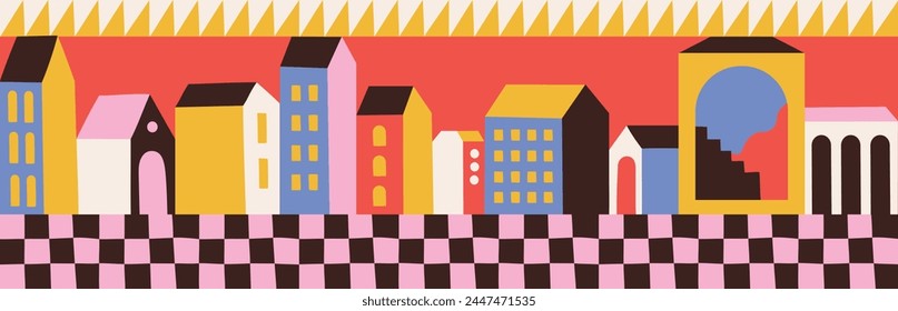Vektorillustration im schlichten geometrischen Minimalstil - Stadtlandschaft mit Bauten, Hügeln und Bäumen - abstrakter Hintergrund für Header-Bilder für Websites, Banner, Abdeckungen
