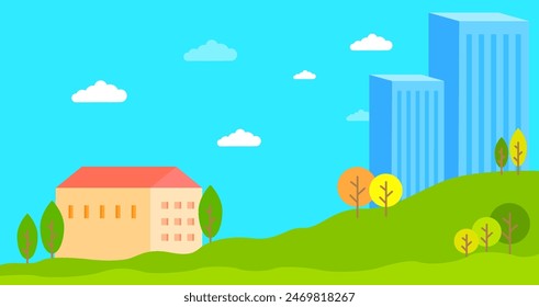 Vector illustration in simple minimal geometric flat style - city landscape with buildings, hills and trees