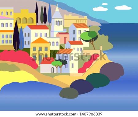 Vector illustration in simple minimal geometric flat style - city landscape with buildings, hills and trees - abstract background for header images for websites, banners, covers