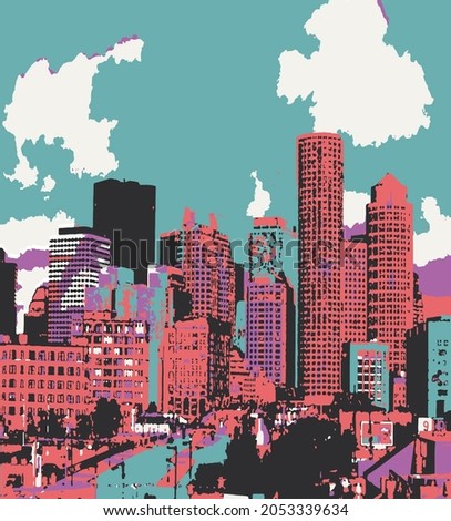 Vector illustration in simple minimal geometric flat style - city landscape with buildings, hills and trees - abstract horizontal banner and background with copy space for text - header images for web