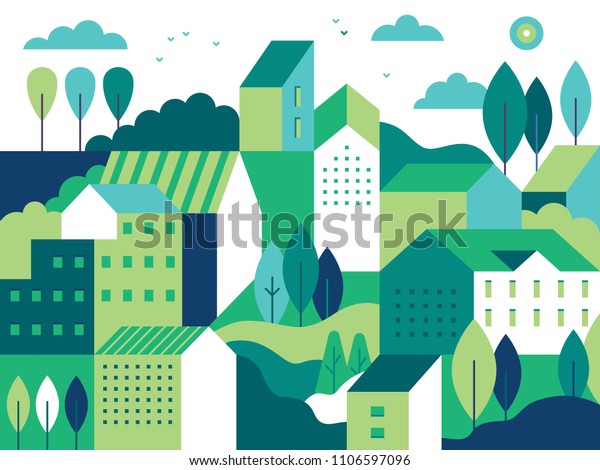 簡単な最小限の幾何学的な平らなスタイルのベクターイラスト 建物 丘 木のある都市の風景 ウェブサイト バナー カバーのヘッダー画像の抽象的な背景 のベクター画像素材 ロイヤリティフリー