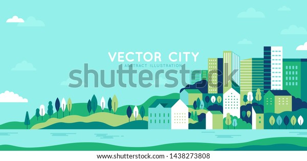 簡単な最小限の幾何学的なフラットスタイルのベクターイラスト 建物 丘 木のある都市の風景 抽象的な水平のバナーと背景にテキスト用のコピースペース のベクター画像素材 ロイヤリティフリー