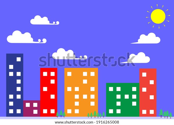 Vector
illustration in simple minimal geometric flat style - cityscape
with buildings, clouds, cars and trees - abstract background for
header images for websites, banners,
covers