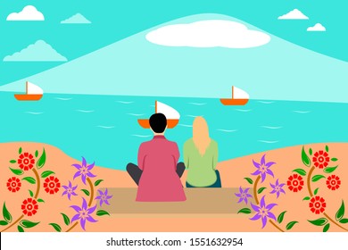 Vector illustration in a simple, minimalist geometric style - a landscape of lovers who are enjoying views of the lake and mountains