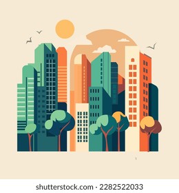 Vector illustration in simple minimalistic geometric flat style - cityscape with buildings and trees - abstract horizontal banner and postcard for copy text - cap images for web