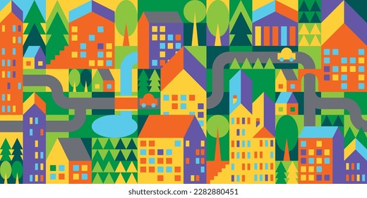 Vector illustration in a simple minimalistic geometric style - urban landscape with buildings, hills and trees. Abstract colourful geometric city. Bauhaus style.