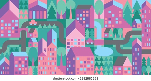 Vector illustration in a simple minimalistic geometric style - urban landscape with buildings, hills and trees. Abstract colourful geometric city. Bauhaus. Style.