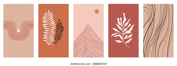 Vector illustration in simple modern style - vertical abstract backgrounds and graphic prints - decorative frames with copy space for text for social media stories in boho minimal style