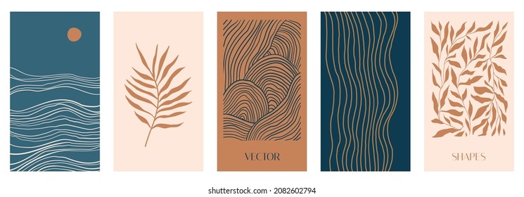 Vector illustration in simple modern style - vertical abstract backgrounds and graphic prints - decorative frames with copy space for text for social media stories in boho minimal style