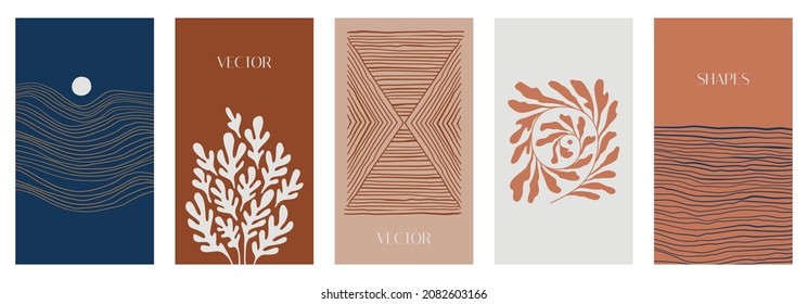 Vector illustration in simple modern style - vertical abstract backgrounds and graphic prints - decorative frames with copy space for text for social media stories in boho minimal style