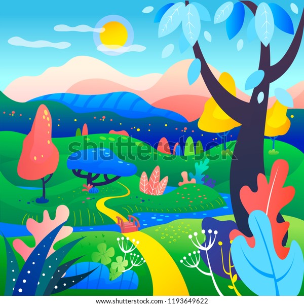丘や木のある自然 山々 ウェブサイト バナー カバーの抽象的な景観の背景に シンプルな現代風のベクターイラスト 夢の世界を描くファンタジーシーンのコンセプト のベクター画像素材 ロイヤリティフリー
