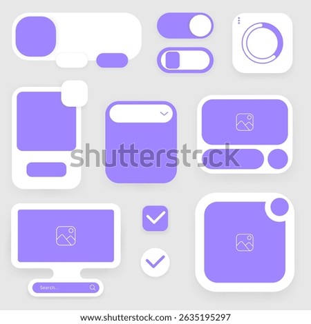 Vector illustration of a simple and modern web UI kit featuring minimal interface elements including toggle switches, dropdown menus, image placeholders, buttons, search bar, and check icons