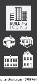 Vector illustration of simple monochromatic building design icon. Silhouettes isolated on black background.
