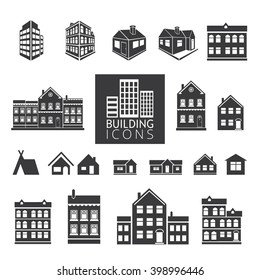 Vector illustration of simple monochromatic building design icon. Silhouettes isolated on white background.
