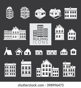 Vector illustration of simple monochromatic building design icon. Silhouettes isolated on black background.
