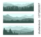 Vector illustration, simple monochromatic landscape with mountains and forest. Banners for website design