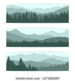 Vector Illustration, Simple Monochromatic Landscape With Mountains And Forest. Banners For Website Design