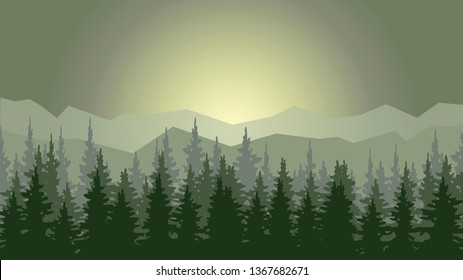 Vector illustration, simple monochromatic landscape with mountains and forest. Banners for website design