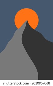 Vector illustration of simple mountain with sun behind it.