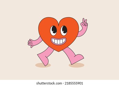 Vector illustration in simple naive and hippie groovy style - happy heart with smiling face, sticker, poster, design template