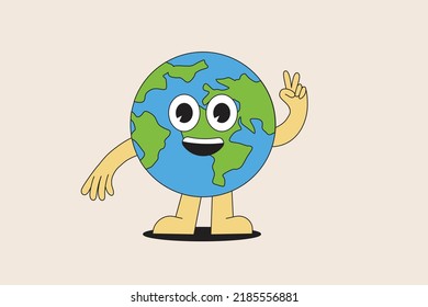 Ilustración vectorial en un estilo simple e hippie groovic - planeta tierra con cara sonriente, pegatinas, afiches, plantillas de diseño, impresión de planeta feliz