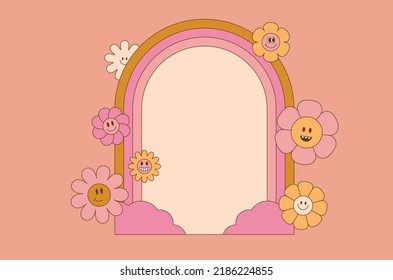 Vector illustration in simple naive and hippie groovy style - flowers  with smiling face and rainbows, stickers, posters, design templates, happy flowers print with copy space