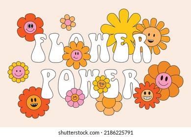 Vektorgrafik im einfachen Naiv- und Hippie-Traubenstil - Blumen und Pflanzen mit lächelnden Gesichtern, Aufklebern, Plakaten, Design-Vorlagen, Happy-Blumen-Drucke