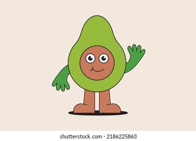 Vector illustration in simple naive and hippie groovy style - happy avocado with smiling face, sticker, poster, design template