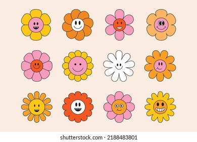 Vector illustration in simple naive and hippie groovy style - flowers and plants with smiling faces, stickers, posters, design templates, happy flowers prints